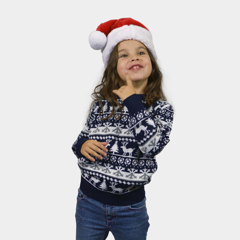 Maglione Natalizio per Bambini Blu Alberi di Natale e Renne
