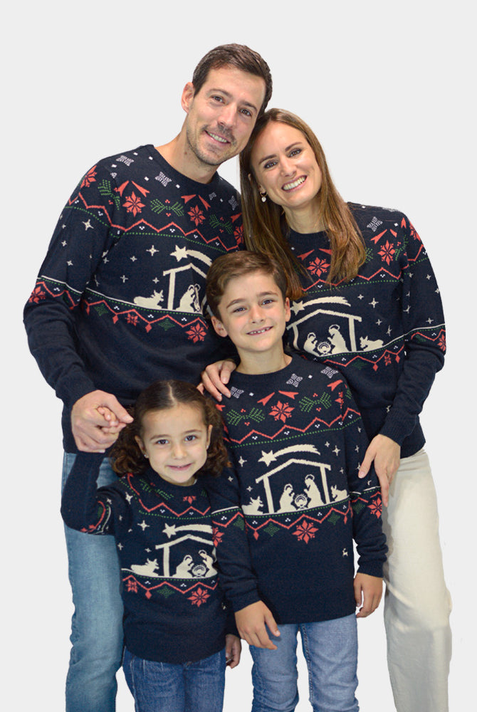 Maglione Natalizio da Bambini Blu Nativity Famiglia