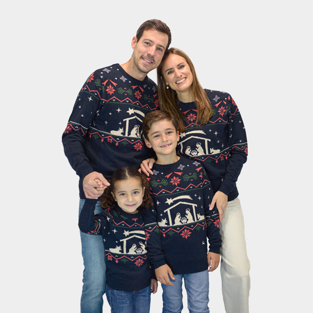 Maglione Natalizio da Bambini Blu Nativity Famiglia
