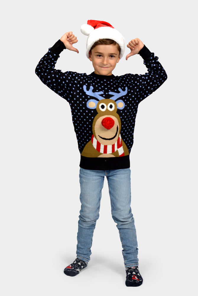 Maglione Natalizio Bambini Blu Renna Rudolph Naso Rosso 3D