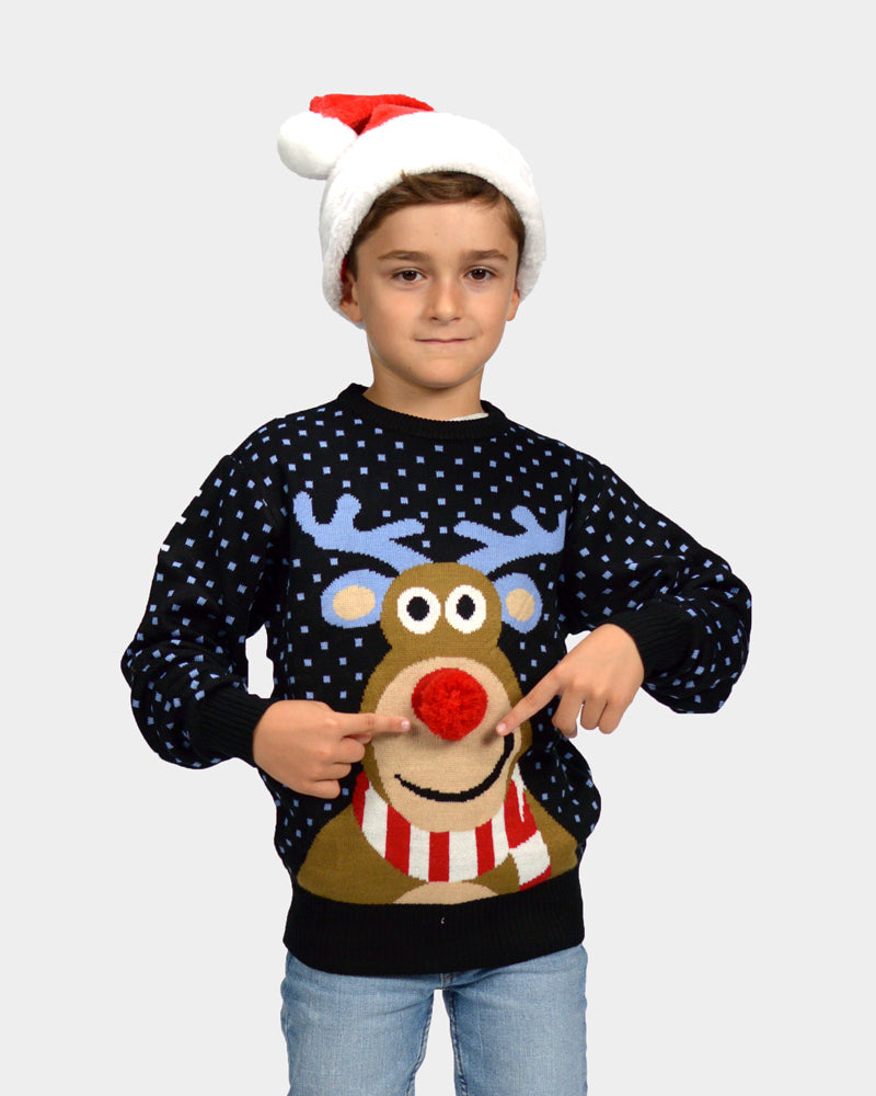 Maglione Natalizio per Bambini Blu Renna Rudolph con Naso Rosso in 3D