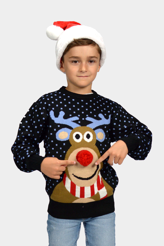 Maglione Natalizio per Bambini Blu Renna Rudolph con Naso Rosso in 3D