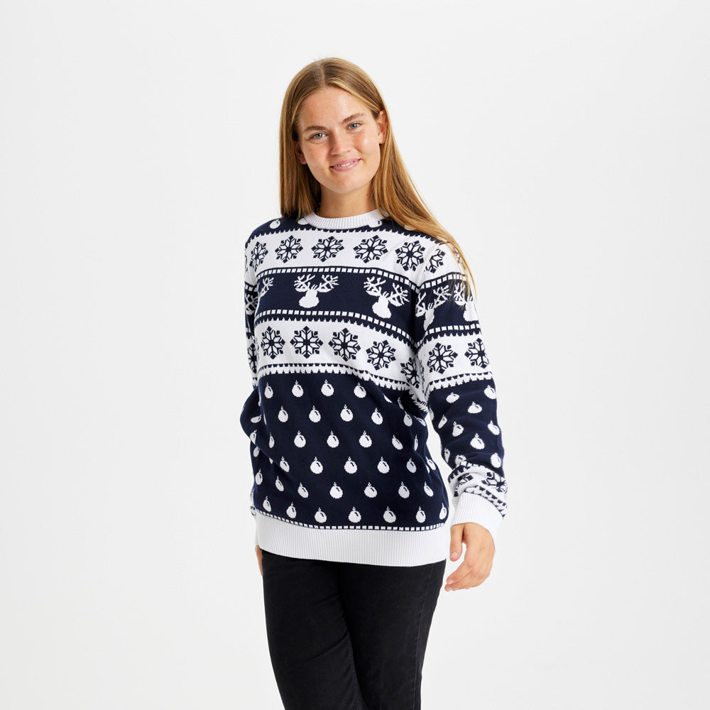 Maglione Natalizio Bambini Blu con Renne e Neve Donna