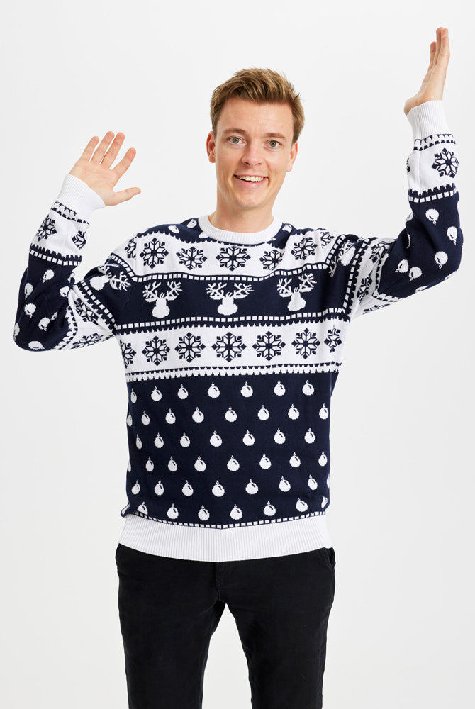 Maglione Natalizio Bambini Blu con Renne e Neve Uomo