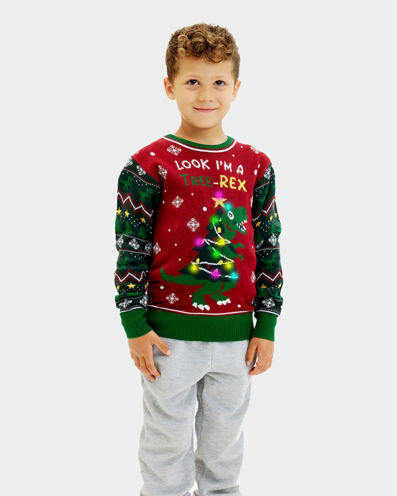 Maglione Natalizio Bambini Luci LED Christmas Tree-Rex