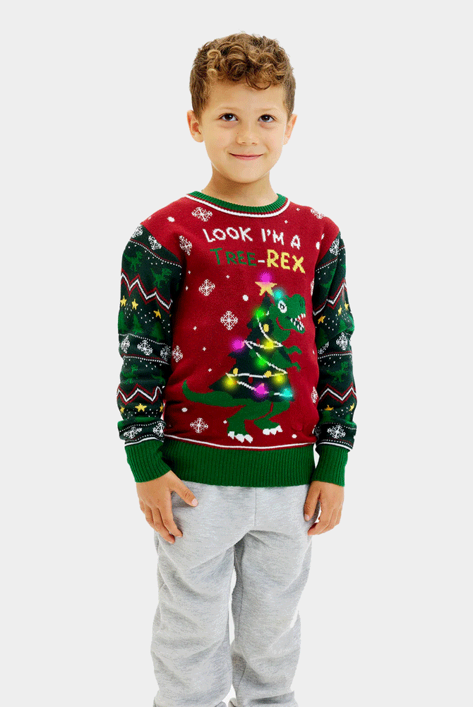 Maglione Natalizio Bambini Luci LED Christmas Tree-Rex
