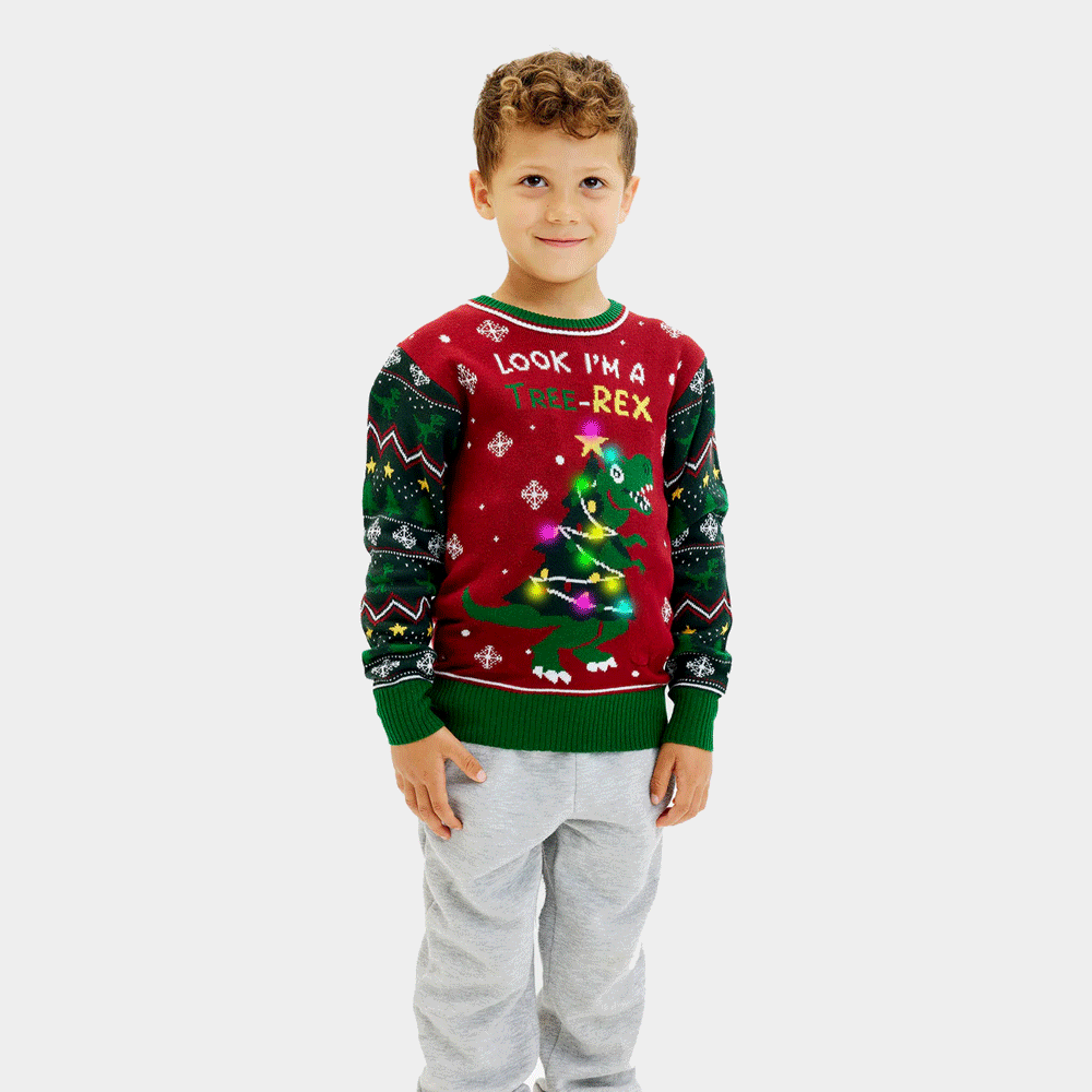 Maglione Natalizio Bambini Luci LED Christmas Tree-Rex