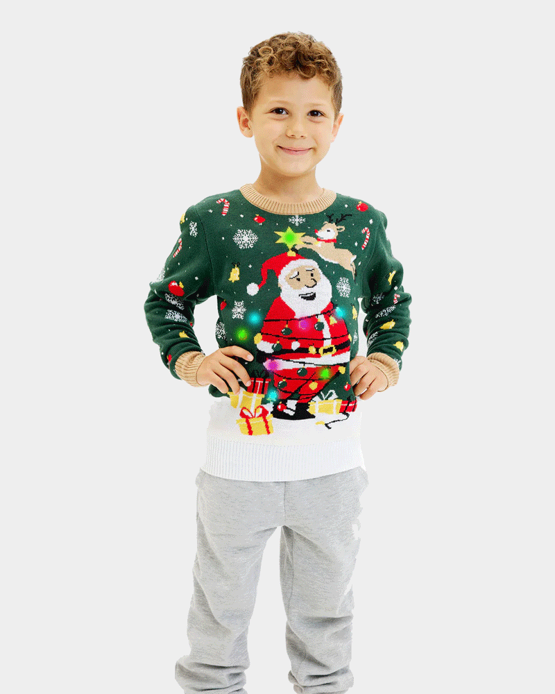 Maglione Natalizio Bambini Luci LED Babbo Natale in Confusione