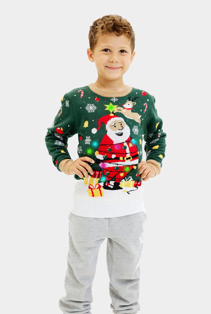 Maglione Natalizio Bambini Luci LED Babbo Natale in Confusione