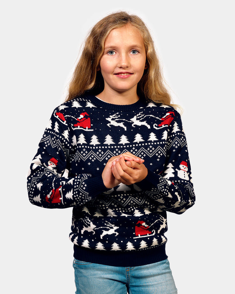 Maglione Natalizio per Bambini Cotone Biologico Alberi Pupazzi di Neve Babbo Natale Blu