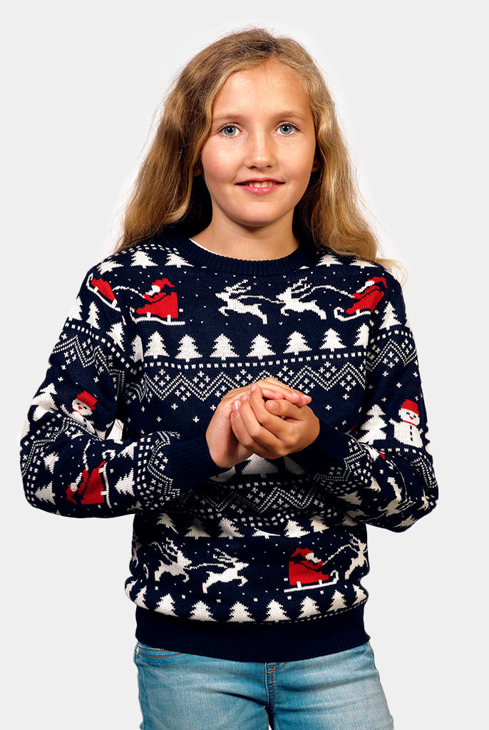 Maglione Natalizio per Bambini Cotone Biologico Alberi Pupazzi di Neve Babbo Natale Blu