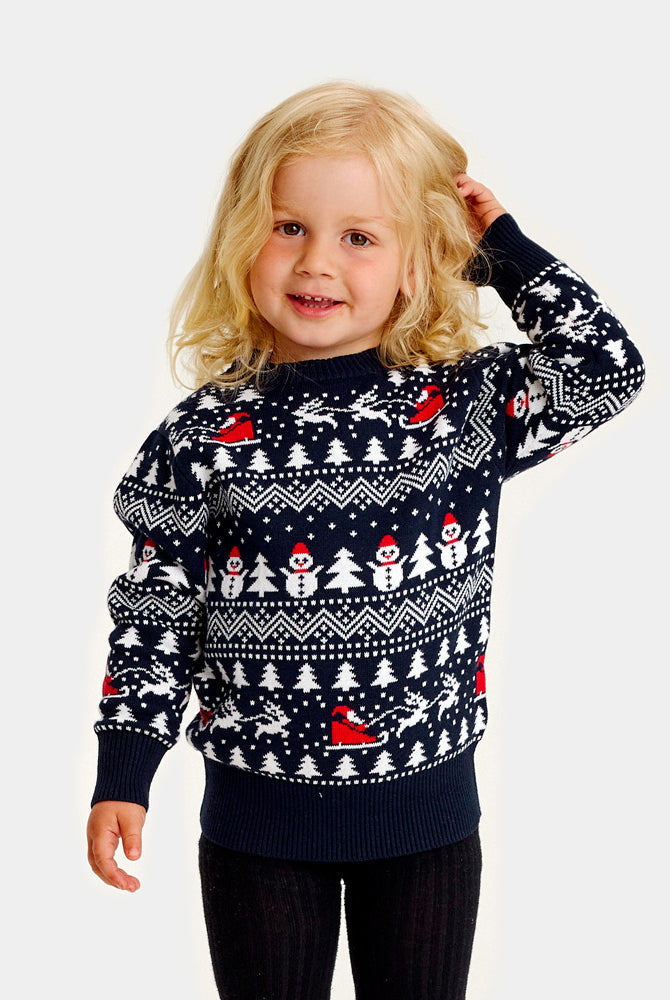 Maglione Natalizio per Bambini Cotone Biologico Blu Alberi Pupazzi di Neve Babbo Natale