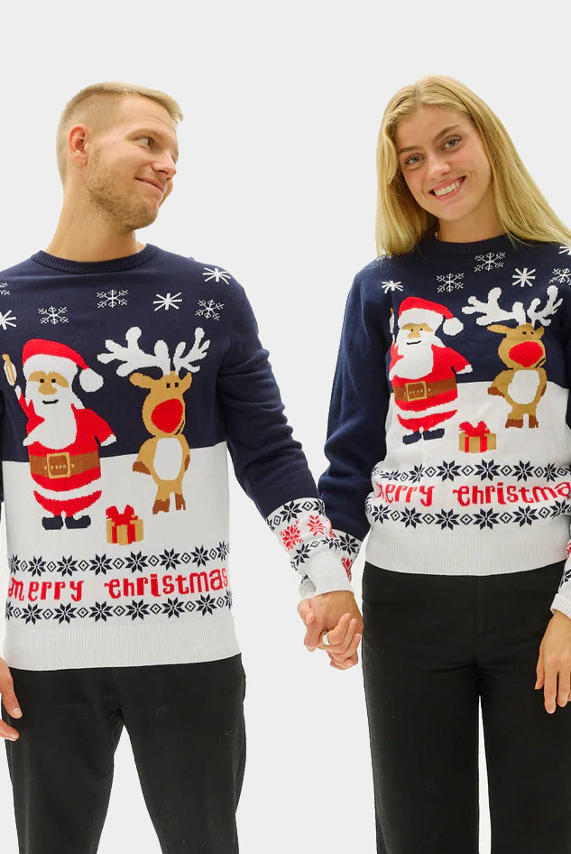 Maglione Natalizio Bambini Coppia Cotone Biologico Blu con Babbo Natale e Renna Rudolph