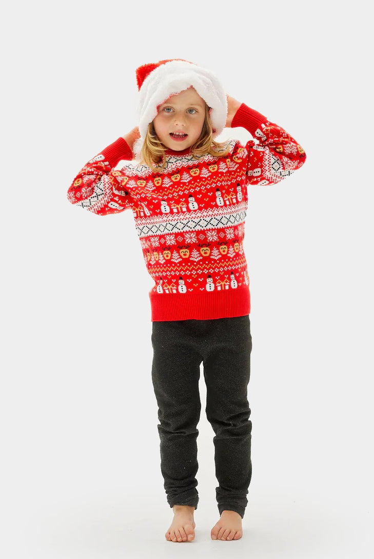 Maglione Natalizio per Bambini Cotone Biologico Rosso Pupazzi di Neve Motivi Natalizi