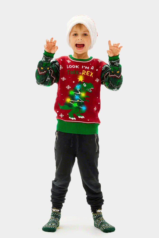 Maglione Natalizio Bambini Famiglia con Luci LED Christmas Tree-Rex