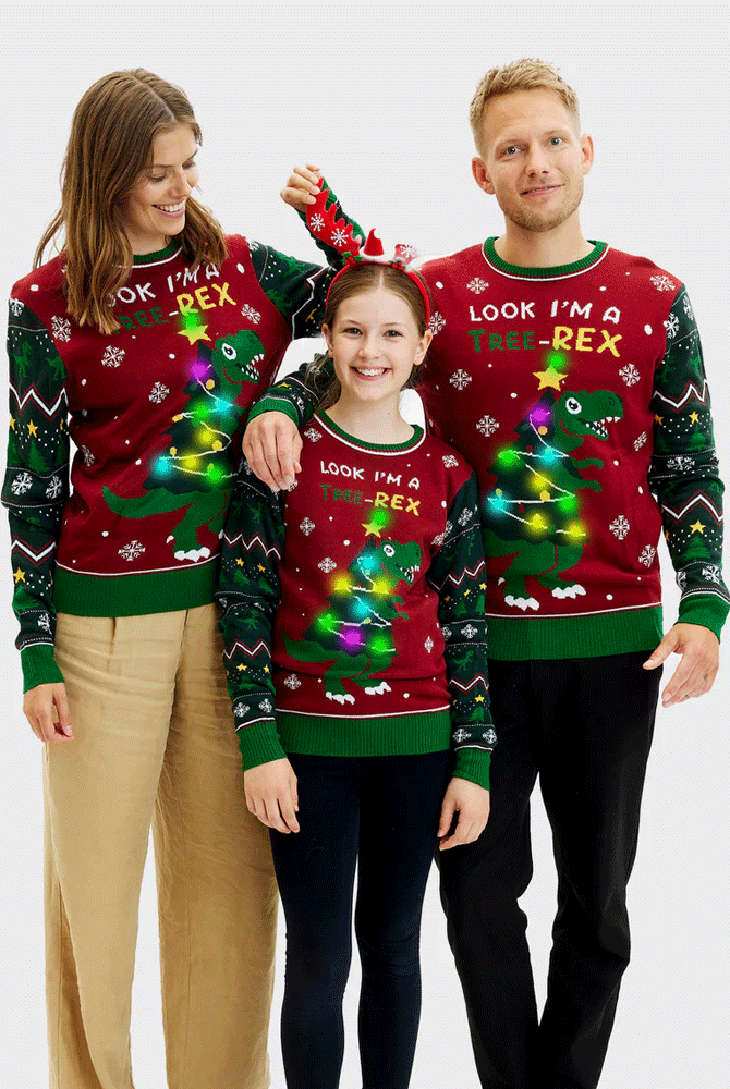 Maglione Natalizio Bambini Famiglia Luci LED Christmas Tree-Rex