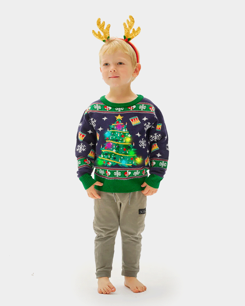 Maglione Natalizio da Bambini Luci LED Blu con Albero di Natale
