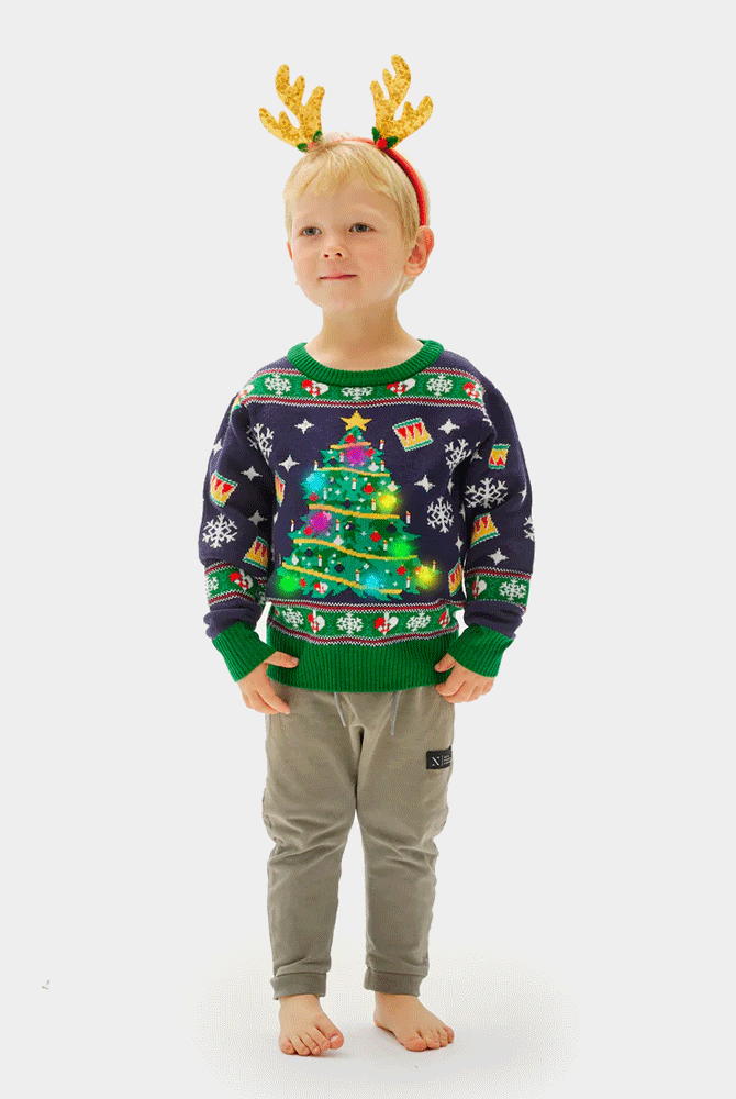 Maglione Natalizio da Bambini Luci LED Blu con Albero di Natale