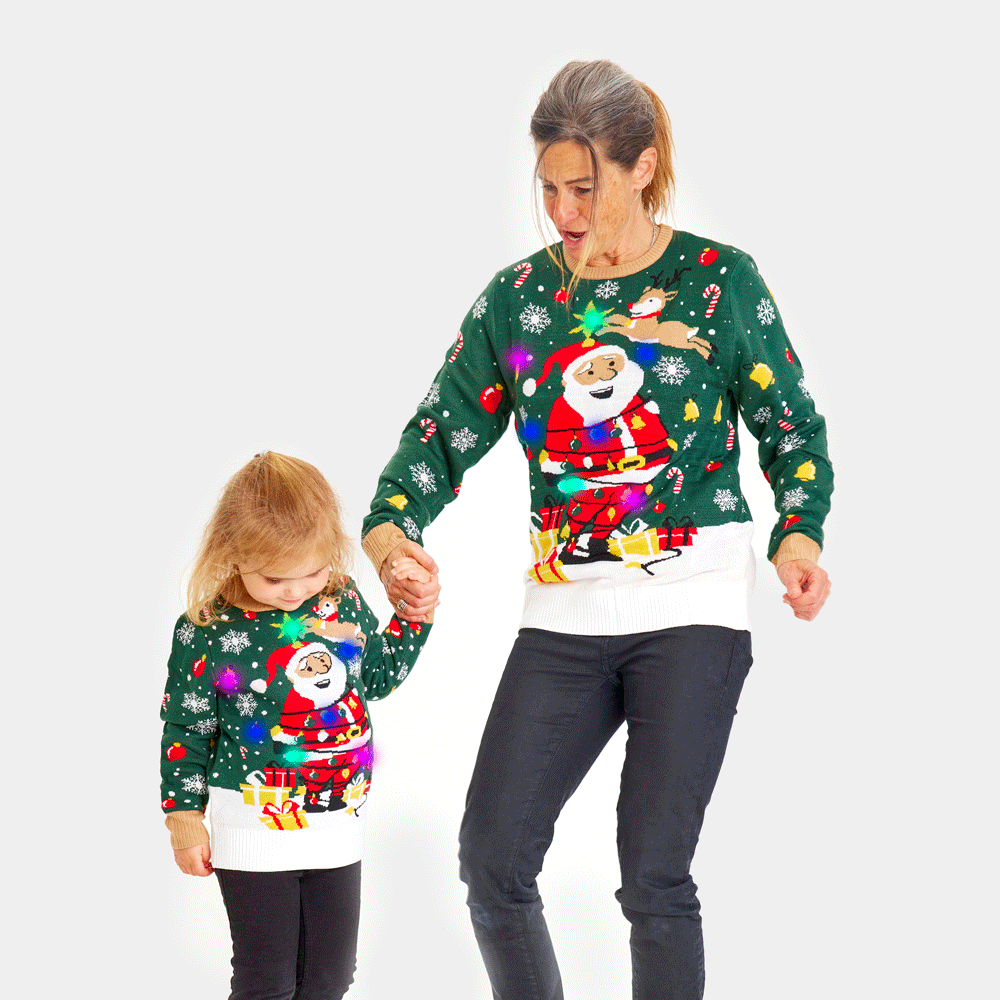 Maglione Natalizio per Bambini con Luci LED Babbo Natale in Confusione Donna