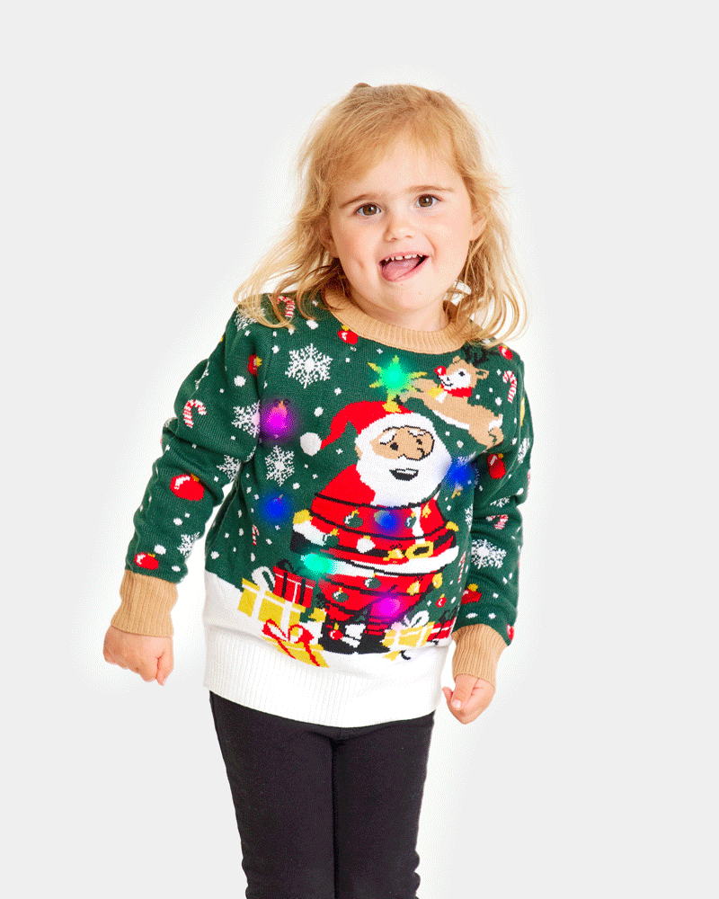 Maglione Natalizio per Bambini con Luci LED Babbo Natale in Confusione