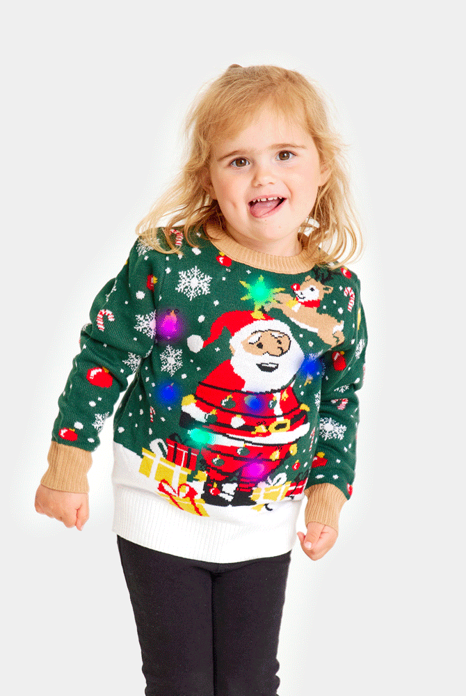 Maglione Natalizio per Bambini con Luci LED Babbo Natale in Confusione