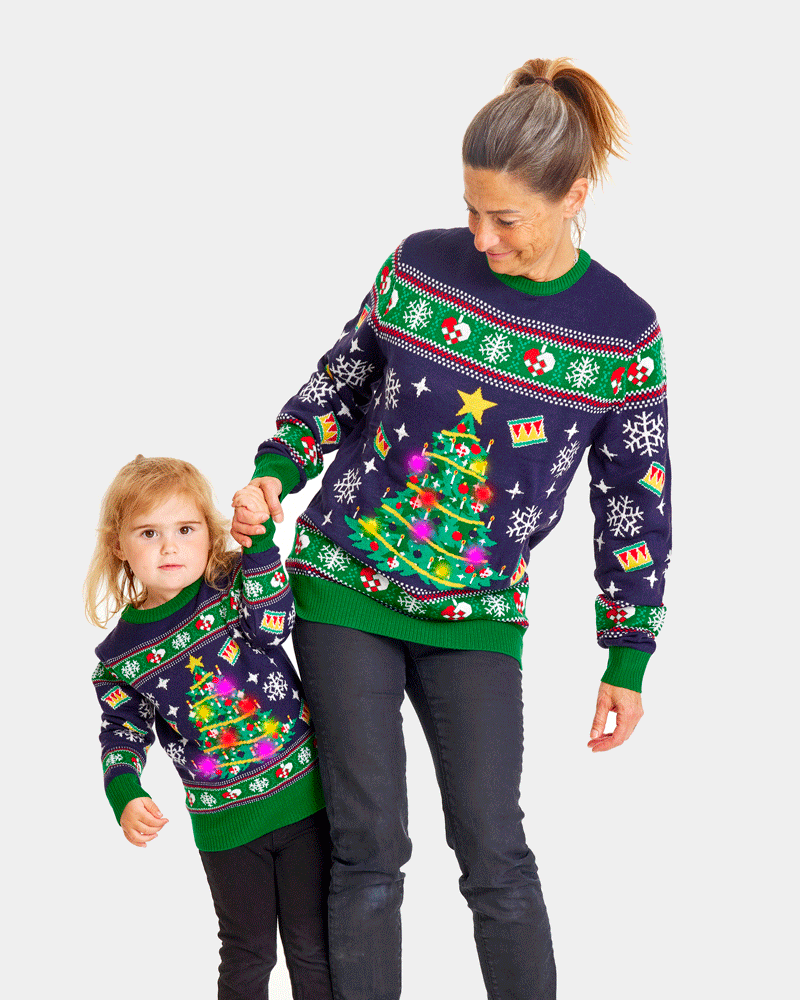 Maglione Natalizio da Bambini Donna Luci LED Blu con Albero di Natale