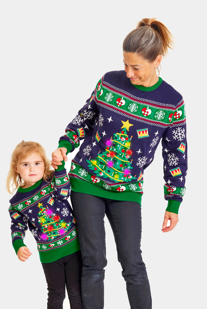 Maglione Natalizio da Bambini Donna Luci LED Blu con Albero di Natale