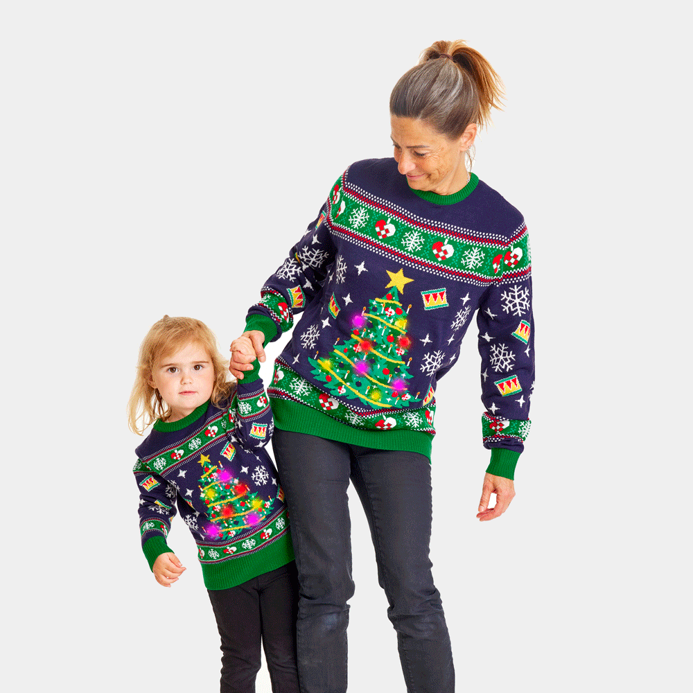 Maglione Natalizio da Bambini Donna Luci LED Blu con Albero di Natale
