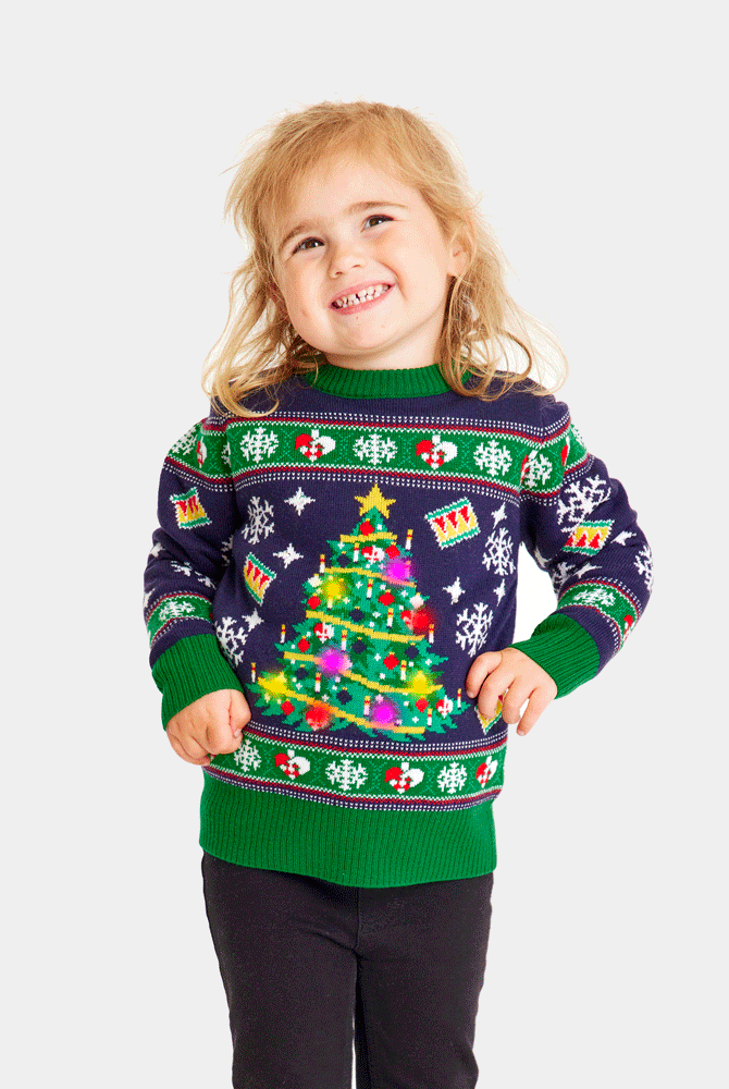 Maglione Natalizio per Bambini con Luci LED Blu con Albero di Natale