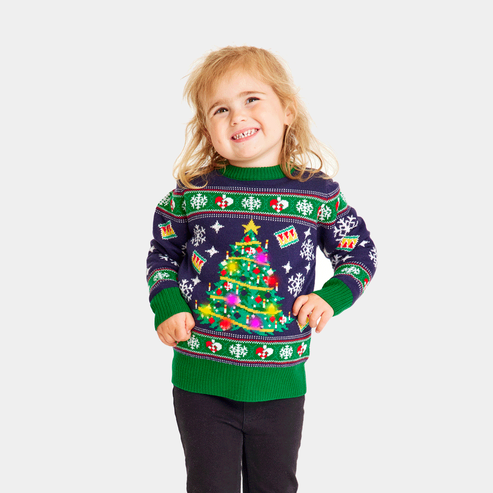 Maglione Natalizio per Bambini con Luci LED Blu con Albero di Natale