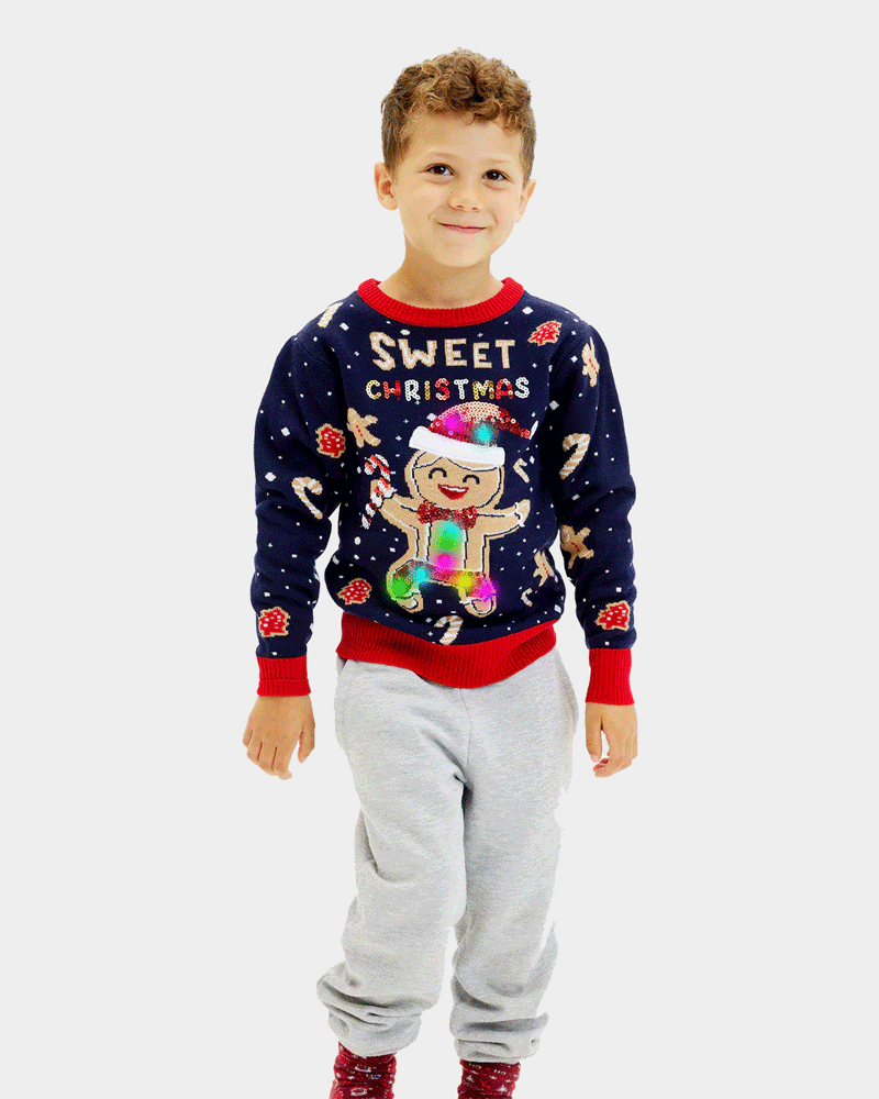 Maglione Natalizio Bambini Luci LED Uomo Blu Ginger Cookie