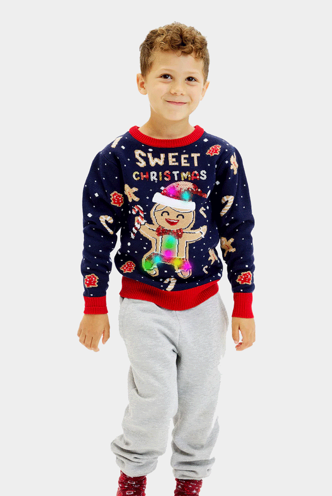 Maglione Natalizio Bambini Luci LED Uomo Blu Ginger Cookie