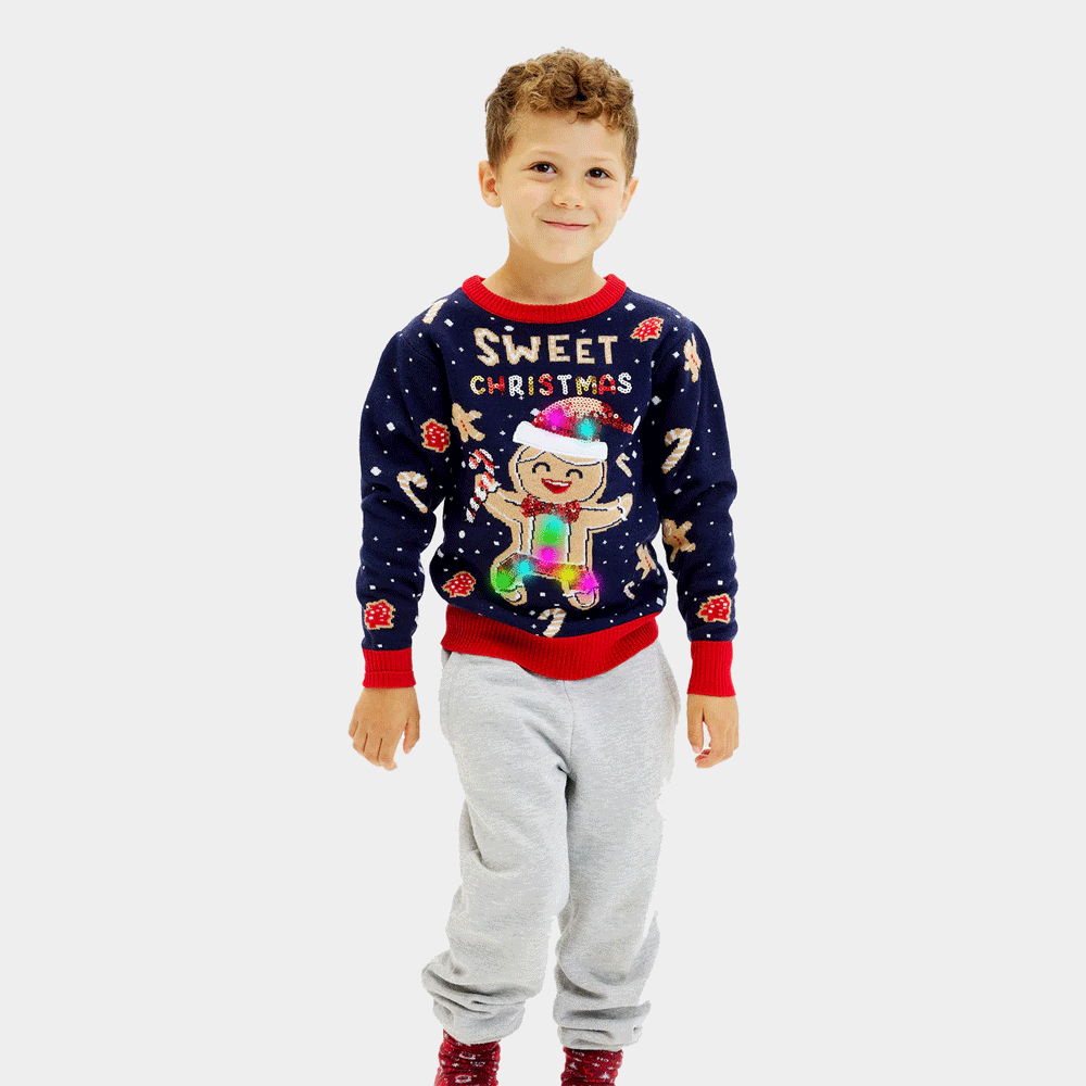 Maglione Natalizio Bambini Luci LED Uomo Blu Ginger Cookie