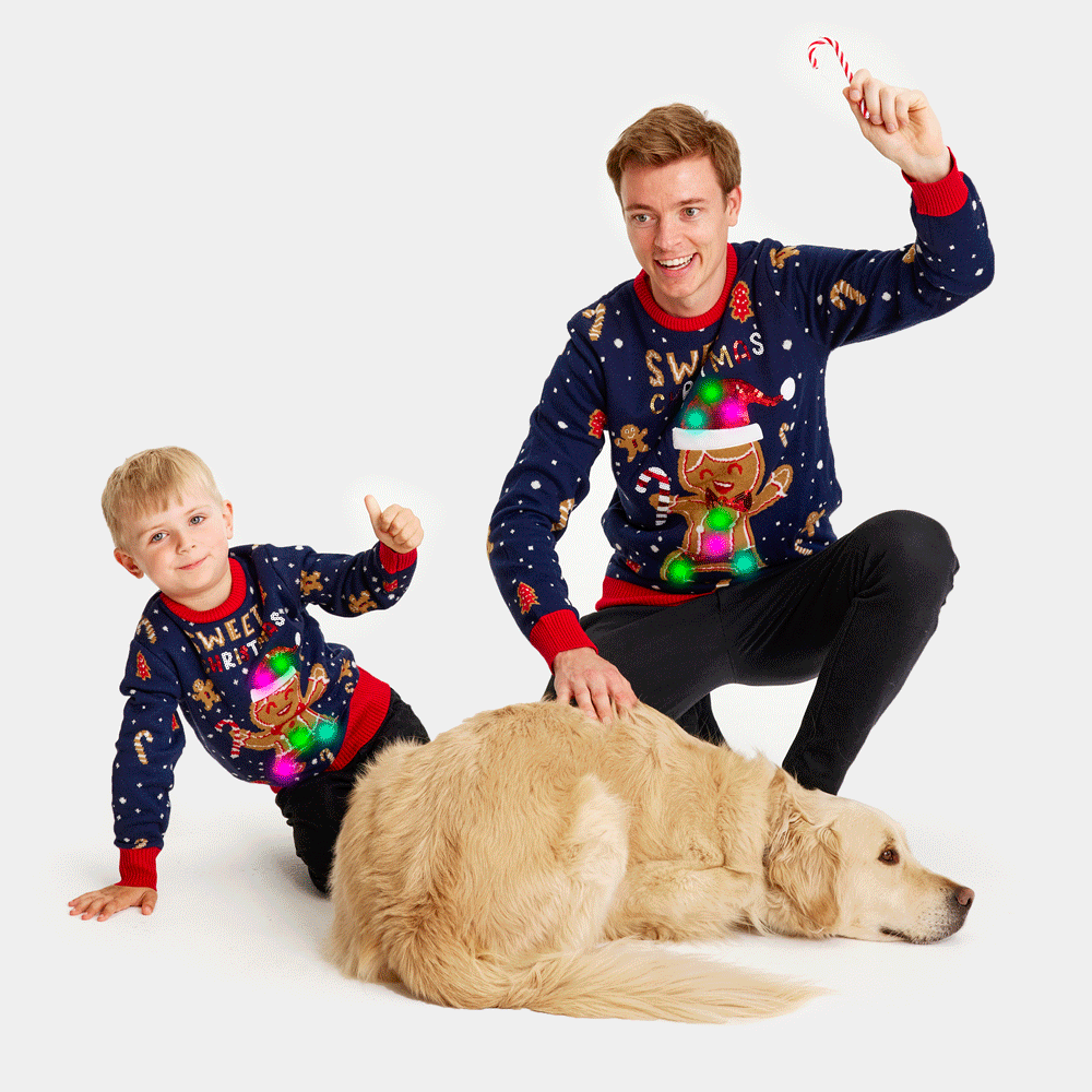 Maglione Natalizio per Bambini famiglia con Luci LED Uomo Blu Ginger Cookie