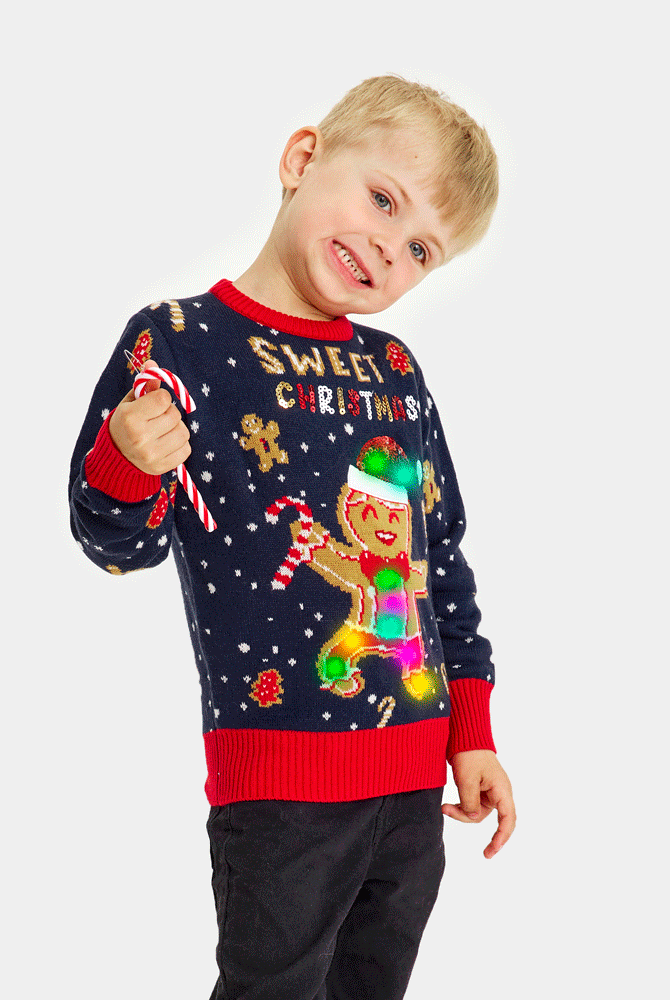 Maglione Natalizio per Bambini con Luci LED Uomo Blu Ginger Cookie