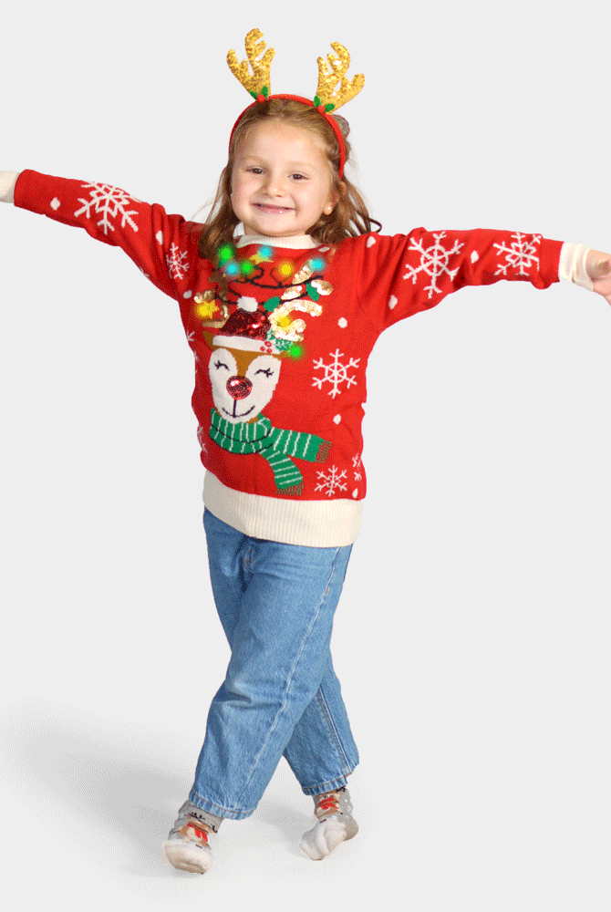 Maglione Natalizio Bambini Luci LED Renna Brillante Paillettes