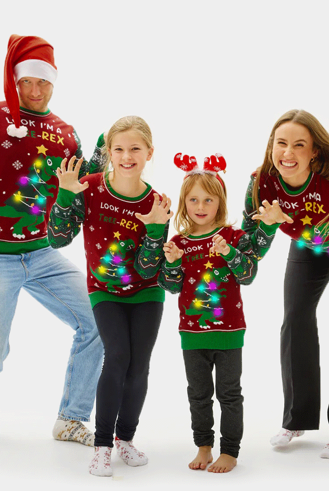 Maglione Natalizio per Bambini Famiglia con Luci LED Christmas Tree-Rex