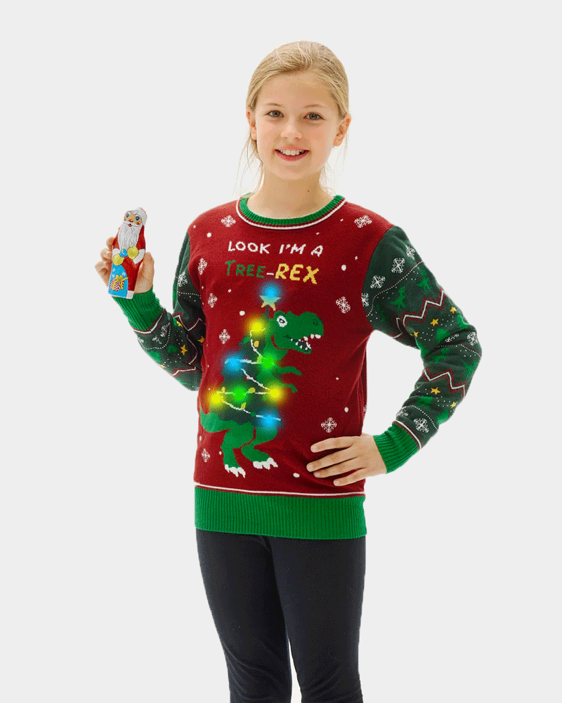 Maglione Natalizio per Bambini con Luci LED Christmas Tree-Rex