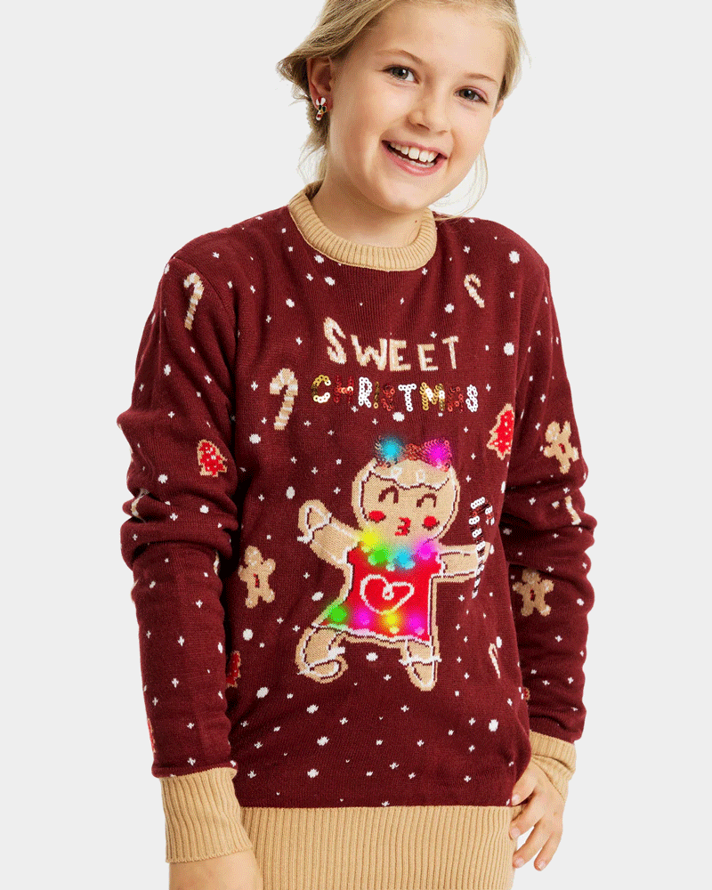 Maglione Natalizio Bambini Luci LED Rosso Ginger Cookie