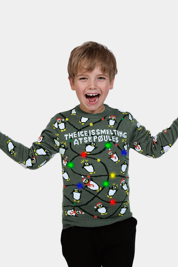Maglione Natalizio Bambini con Luci LED Grigio con Pinguini