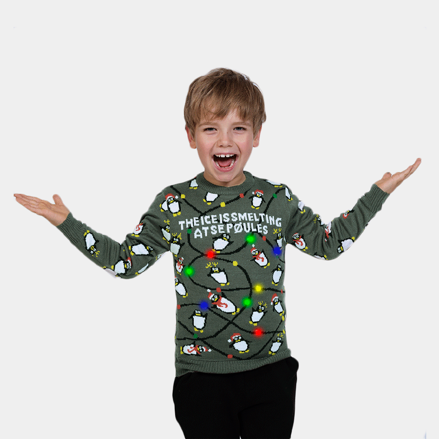 Maglione Natalizio Bambini con Luci LED Grigio con Pinguini