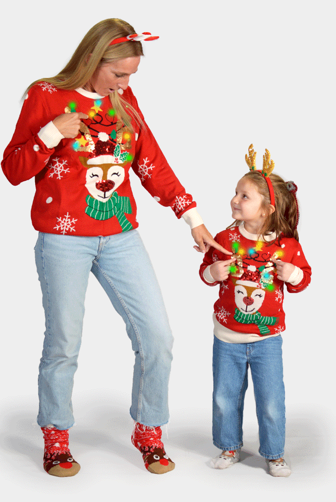 Maglione Natalizio di Bambini Luci LED Renna Brillante Paillettes Famiglia