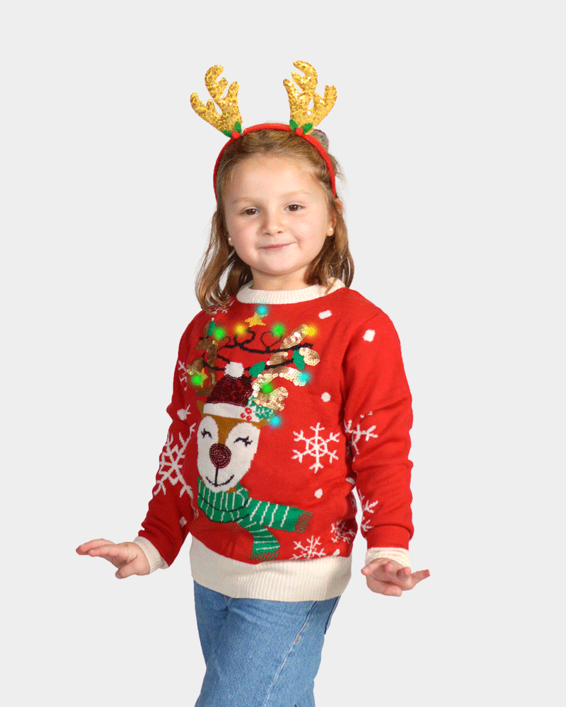 Maglione Natalizio di Bambini Luci LED Renna Brillante Paillettes