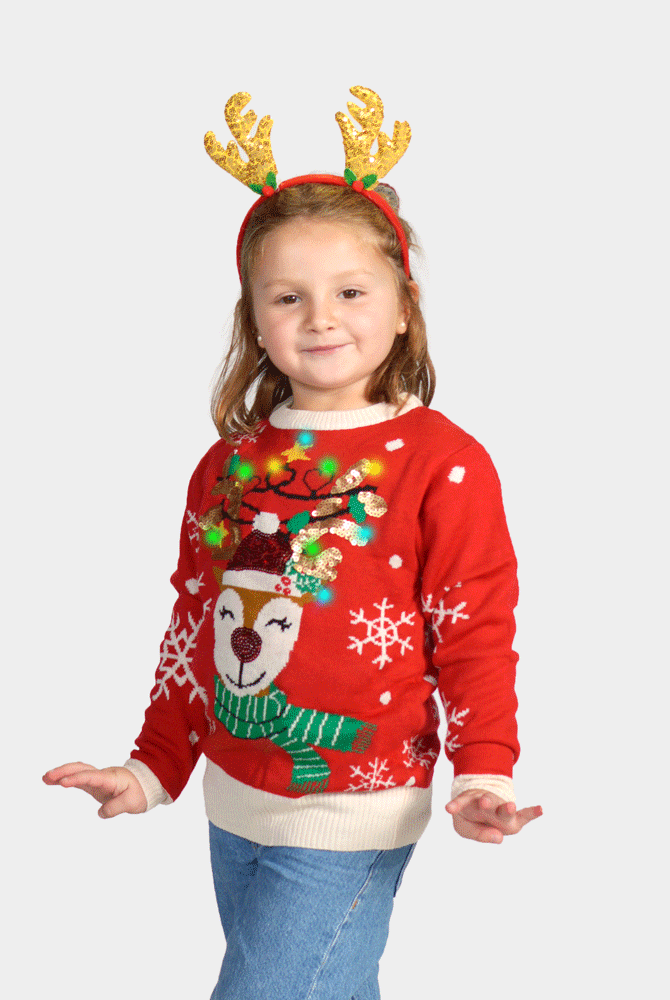 Maglione Natalizio di Bambini Luci LED Renna Brillante Paillettes