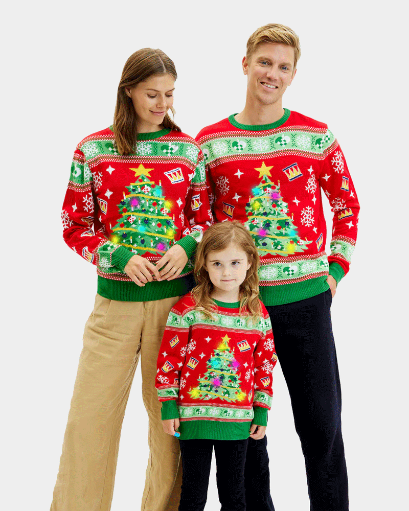 Maglione Natalizio Bambini Famiglia Luci LED Rosso con Albero di Natale