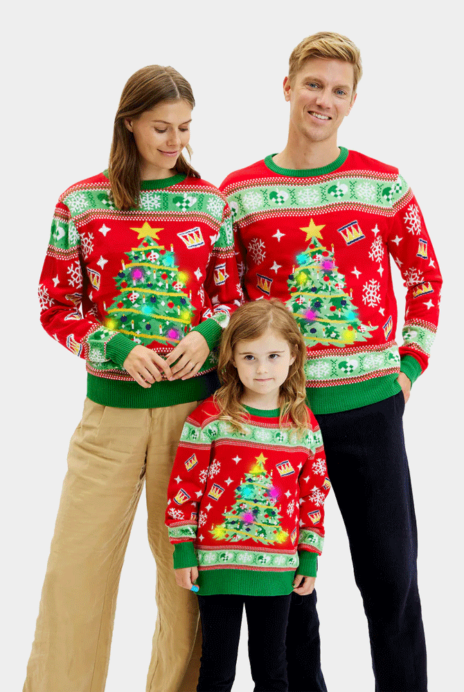 Maglione Natalizio Bambini Famiglia Luci LED Rosso con Albero di Natale