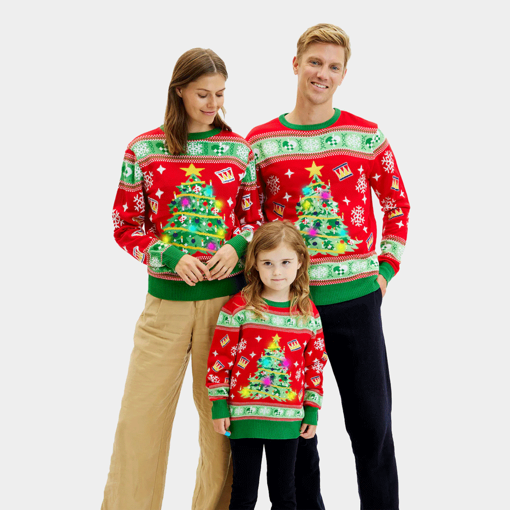 Maglione Natalizio Bambini Famiglia Luci LED Rosso con Albero di Natale