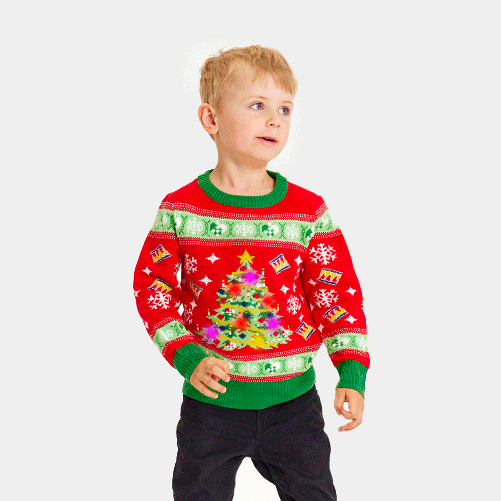 Maglione Natalizio per Bambini con Luci LED Rosso con Albero di Natale