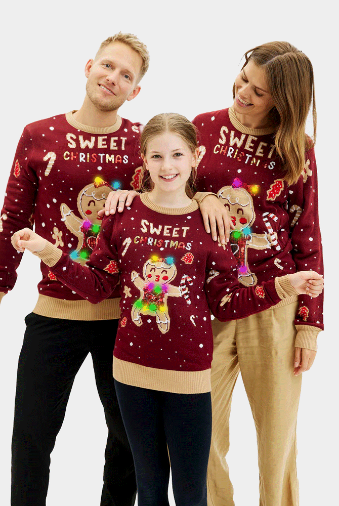 Maglione Natalizio Bambini con Luci LED Rosso Ginger Famiglia Cookie