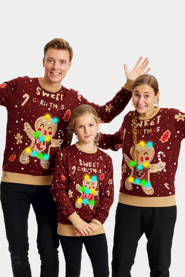 Maglione Natalizio per Bambini e Famiglia con Luci LED Rosso Ginger Cookie